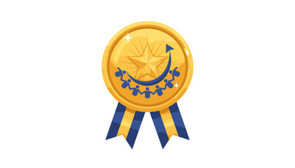 Golden quality guarantee medal icon featuring a prominent star, surrounded by a chain of stylized people holding hands, symbolizing teamwork and achievement, with a blue upward arrow indicating