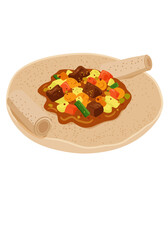 Close up of ethiopian food served on a large flatbread with two rolls