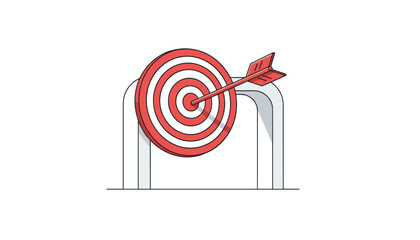 A vibrant red target with a matching red arrow precisely hitting the bullseye, symbolizing achievement, success, and goal attainment, set against a clean white background with minimalist arch