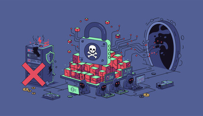Cybersecurity threat illustration depicting a ransomware attack with hooded hackers operating computers, a cracked server with a red cross, a large padlock with a skull symbol, and a dark portal