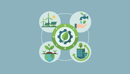 Vibrant flat illustration of a sustainable business concept, showcasing eco-friendly practices with icons representing renewable energy, water conservation, plant growth, and green buildings, all