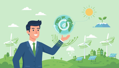 A smiling businessman in a suit presents a concept of sustainable development and green business, featuring a globe with recycling arrows, wind turbines, solar panels, and a growing seedling under a