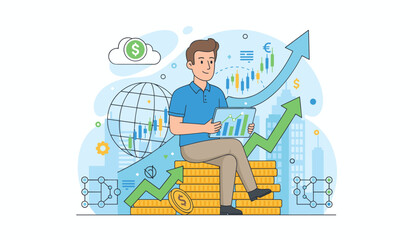 Dynamic illustration of a man analyzing stock market data on a tablet, seated on a pile of gold coins, with upward trending graphs, a globe, and currency symbols symbolizing financial growth and