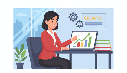 Successful Asian businesswoman in a red blazer points to a laptop screen displaying a rising sales growth chart and bar graph, symbolizing business success and financial progress in a modern office