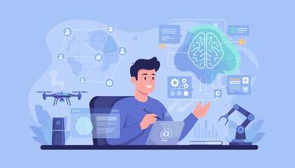 Innovative technology concept with a man using artificial intelligence to control a drone and robotic arm, surrounded by digital interfaces and a stylized brain, representing future advancements in