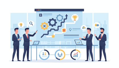 Business professionals collaborating on a strategic plan, visualizing progress with gears, charts, and a trophy on a large screen, symbolizing teamwork, problem-solving, and achieving success in a
