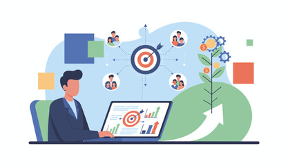 Vivid illustration of a business concept focusing on achieving objectives and growth, with a businessman at a laptop analyzing charts and a plant symbolizing financial success, connected to target