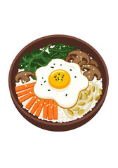 Delicious korean bibimbap dish with fried egg and vegetables illustration