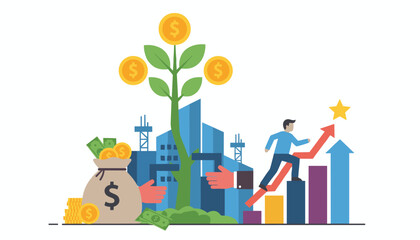 Vibrant flat illustration depicting financial growth and business success, featuring a money tree with golden coins, a sack of cash, rising bar charts, a person climbing towards a star, and a