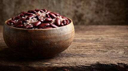 Rustic stoneware bowl filled with red beans and rice, wooden kitchen counter, earthy tone, copy space