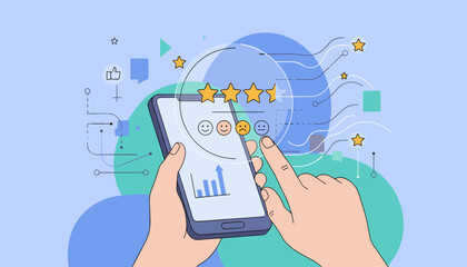 Customer feedback and user reviews concept, hand holding smartphone with star ratings, emoticons, and graph, representing online survey, satisfaction, and digital communication, modern flat