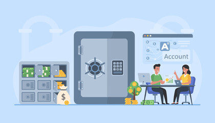 Vivid flat illustration depicting a secure bank safe with an open compartment revealing stacks of dollar bills and gold coins, alongside a money bag, symbolizing financial security and wealth