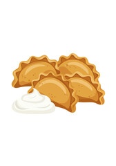 Golden dumplings with cream sauce isolated food illustration on transparent