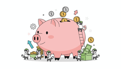 Charming flat illustration of a large pink piggy bank being filled with coins and banknotes by cute cartoon raccoons, symbolizing savings, financial growth, and smart money management with a gear and