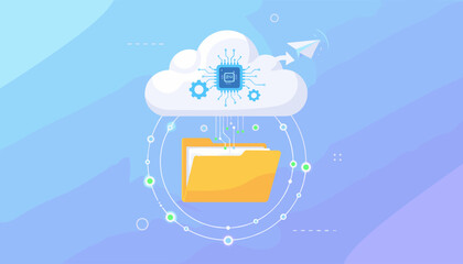 Vivid flat illustration of cloud storage and data processing, featuring a stylized cloud with a CPU chip and gears, connected to a yellow folder icon, symbolizing digital information management and