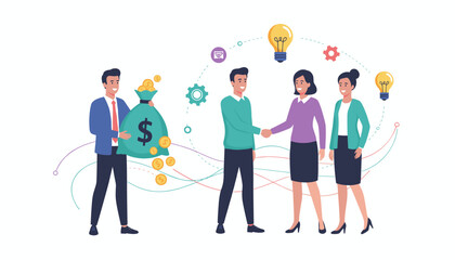 Vibrant vector illustration depicting a business partnership and financial success, with a man holding a money bag and coins, and two businesswomen shaking hands, symbolizing collaboration and