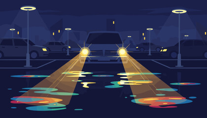 Vibrant car headlights illuminate a dark, rainy night parking lot, casting colorful reflections on wet asphalt and puddles, creating a moody and atmospheric urban scene with streetlights and parked