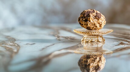 Single tartufo on glass dessert stand, reflective marble table background, luxury mood, copy space