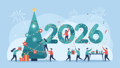 Vibrant vector illustration depicting a group of small people joyfully preparing for the New Year 2026, decorating a Christmas tree with lights and ornaments, exchanging gifts, and celebrating with