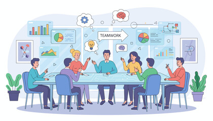 Diverse group of professionals engaged in a dynamic brainstorming session around a modern conference table, illustrating teamwork, innovation, and strategic planning with visual data displays and