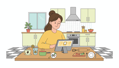 A young woman with her hair in a bun, wearing a yellow sweater, is attentively watching an online cooking class on her tablet, which is placed on a stand on a wooden kitchen counter, surrounded by