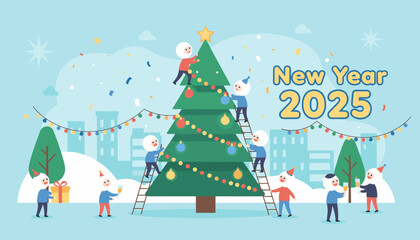 New Year 2025 vector illustration with little people decorating a Christmas tree. Winter holiday party scene in a snowy city park. Concept for festive season, celebration, and teamwork.