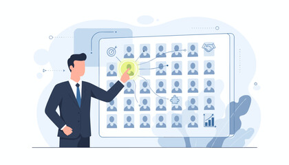 Human resources manager selects candidate for a job. HR concept. Recruitment, hiring, headhunting. Talent acquisition. Choosing an employee. CRM and target audience concept.