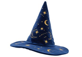 Isolated blue witch hat with gold stars, moon, and zodiac symbols, Halloween costume