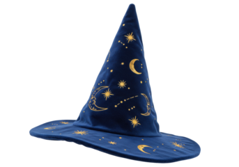 Isolated blue witch hat with gold stars, moon, and zodiac symbols, Halloween costume