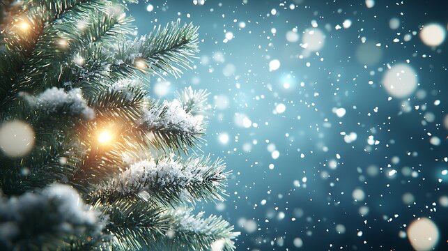 Christmas Tree Serenity: A close-up view of a snow-covered evergreen branch with sparkling lights and gently falling snowflakes against a soft, dreamy backdrop.