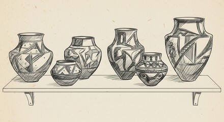 Elegant sketch of Native American pottery on a shelf adds cultural depth and artistic flair to any project looking for a touch of history