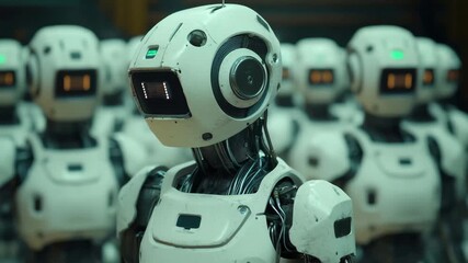 Futuristic robotic assembly with multiple advanced humanoid robots in a high-tech environment - Powered by Adobe