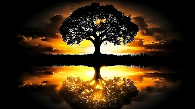 Eternal Tree: A majestic tree silhouette stands tall, its branches reaching towards the sky, while its mirror image reflects in tranquil waters, capturing a sense of enduring connection to nature.