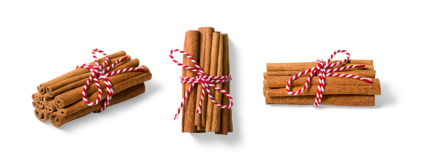 Three bundles of cinnamon sticks tied with red and white twine isolated on a transparent background, PNG. High resolution. Natural Aromatic Spice for Cooking and Baking