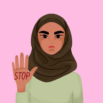 Muslim woman in hijab showing stop hand gesture for rights and equality