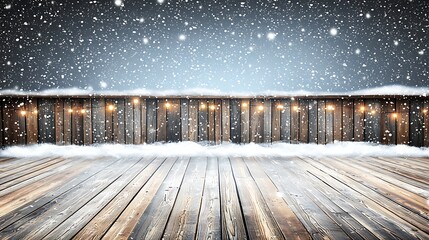 Snowy Wooden Deck: A cozy winter scene unfolds on a wooden deck as snowflakes gently fall from a twilight sky, creating a serene and seasonal ambiance.