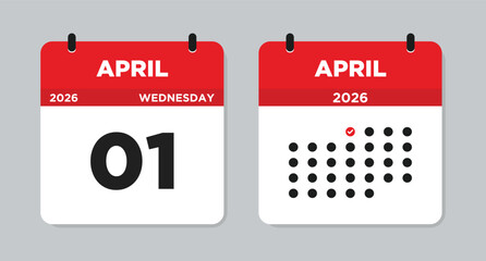 April 1 2026 Wednesday Calendar Vector Illustration. April 1 calendar page. Day calendar with date April 1. Week Starts on Sunday. Checklist day calendar. Modern Flat Calendar template icon