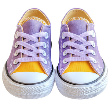 Purple canvas sneakers, casual lace-up shoes with white rubber toe cap. Streetwear footwear icon for fashion ads isolated PNG with Transparent Background
