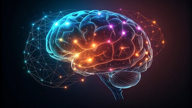 Vibrant abstract digital illustration of a glowing human brain with interconnected neural pathways and colorful light particles on a dark background symbolizing intelligence and cognition