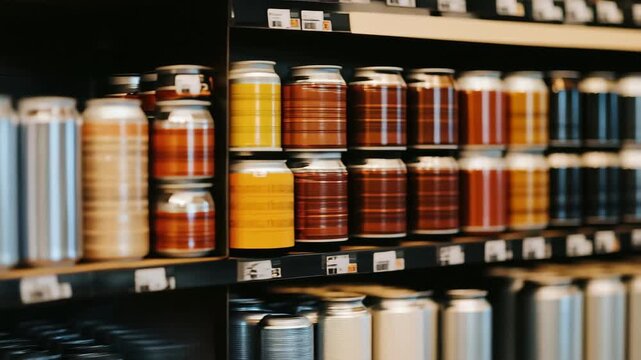 Display of colorful beverage cans in a retail shop highlighting various flavors and designs