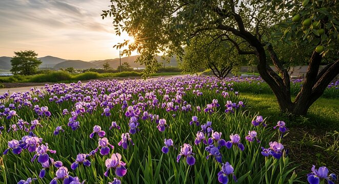 Field of purple irises at sunset with sunbeams through tree branches flower nature