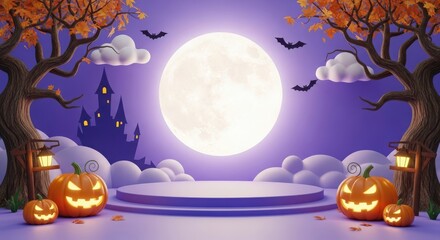 Fototapeta premium Halloween podium with pumpkins, moon, castle, bats and trees on purple background