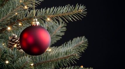 Holiday cheer in full bloom: An exquisitely decorated Christmas tree branch, adorned with a vibrant red ornament, exudes warmth and festivity with twinkling fairy lights and natural pine cone.