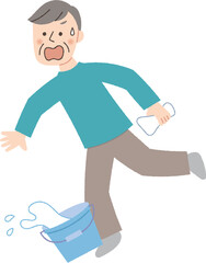 バケツにつまづくシニア男性