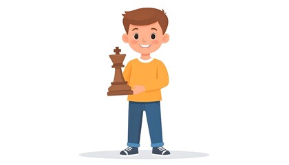 Animated illustration depicting a young boy holding a chess piece, the King, against a white background