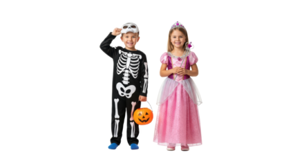 Boy Skeleton Costume and Girl Princess Dress Halloween Trick isolated on Transparent Background
