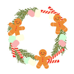 Christmas round frame with fir wreath made of gingerbread cookies, marshmallows, and wafer rolls, festive winter design element. Isolated on white background.