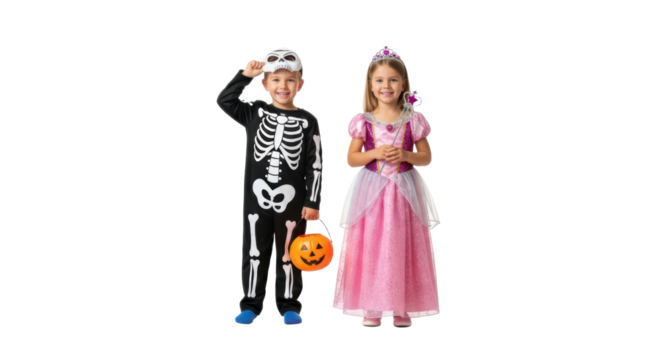 Boy Skeleton Costume and Girl Princess Dress Halloween Trick isolated on Transparent Background - Powered by Adobe