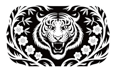 Fierce tiger face roars amidst elegant floral scrollwork creating a powerful and dynamic graphic design element