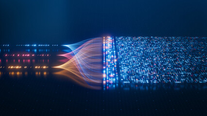AI and Big Data futuristic illustration showcasing automation, data analytics, and innovation in technology with stream of data flowing through neural network. ANN, LLM, abstract, colorful background.